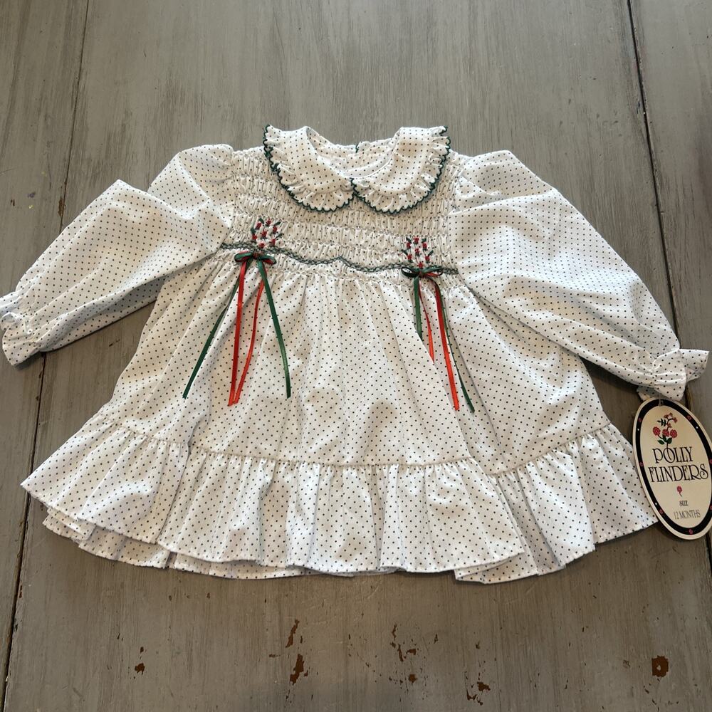 Polly Flinders White Green Polka Dot Smocked Dress 12M Cottage Holiday 90s